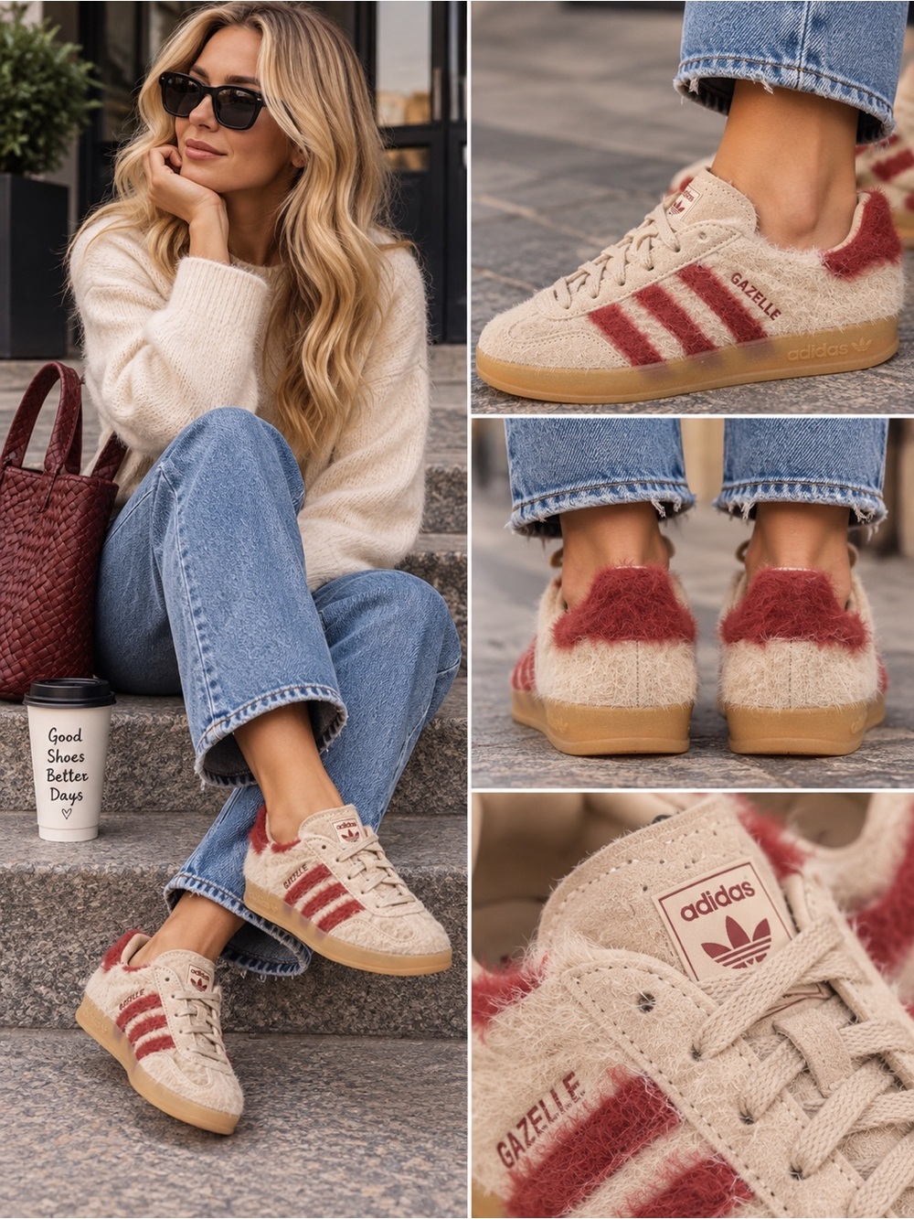 Adidas Originals Gazelle Indoor Fuzzy Suede Sneakers Beige Red NWT US 7,5